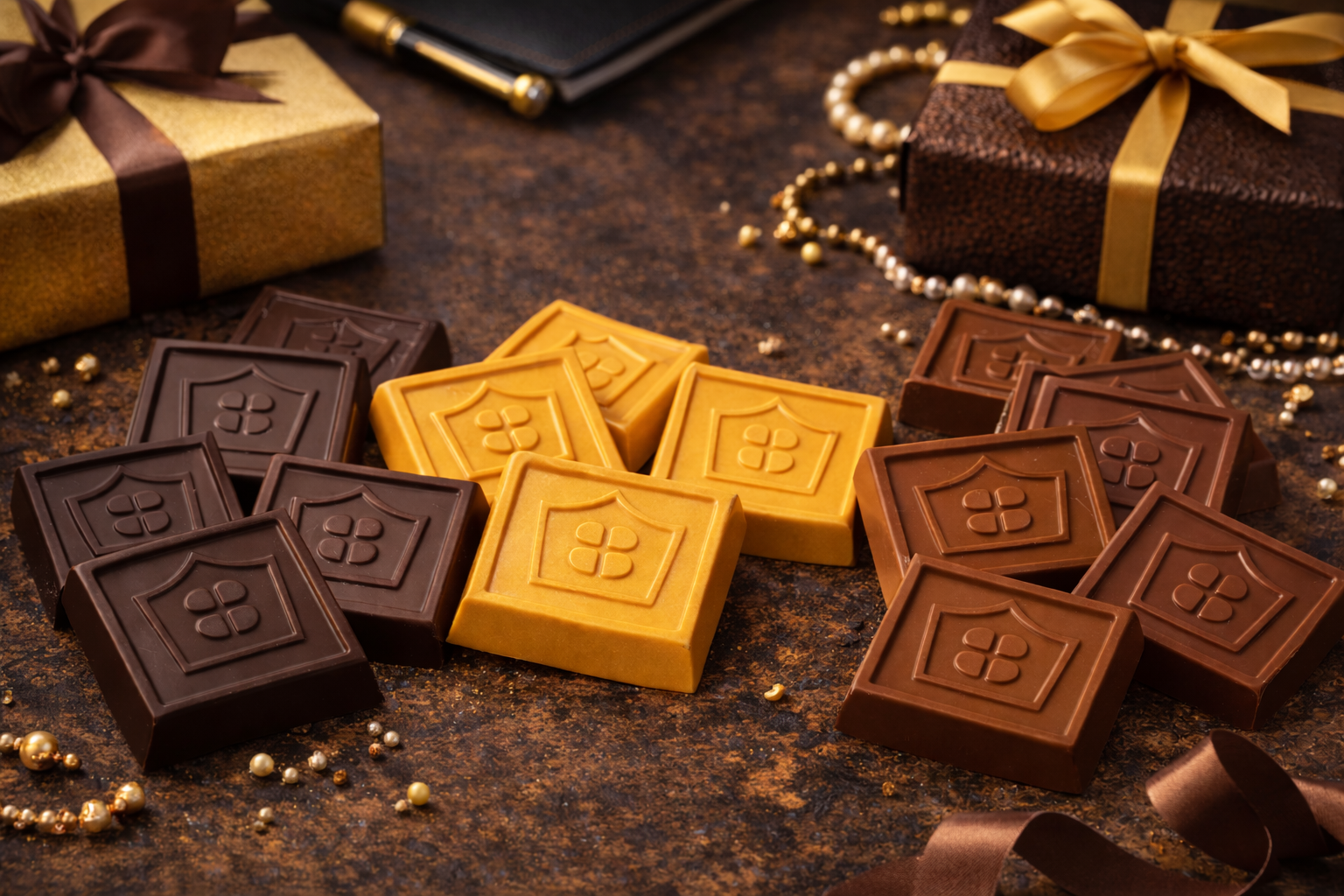 Assorted authentic Belgian chocolate squares in dark, milk, and gold chocolate, expertly produced in the USA