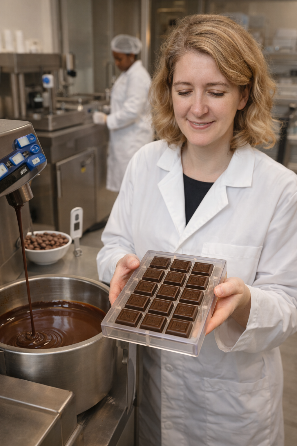 Person in a kitchen holding a tray of chocolate truffles with a pot of chocolate liquid.