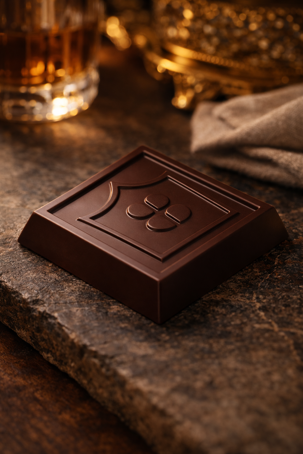 Chocolate bar with a logo on a stone surface next to a glass of whiskey.