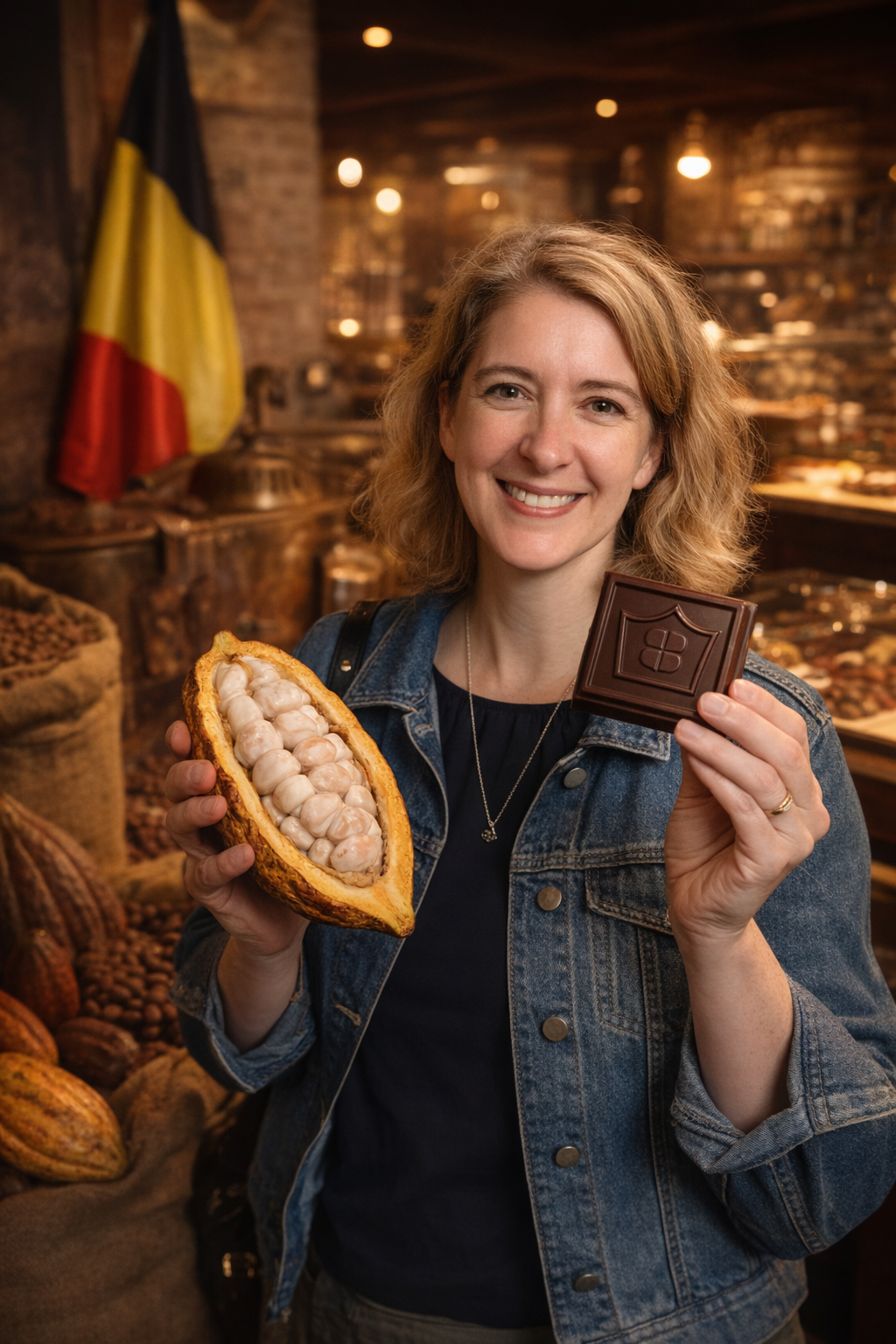 Woman holding a cacao pod and a chocolate bar in a chocolate shop.
