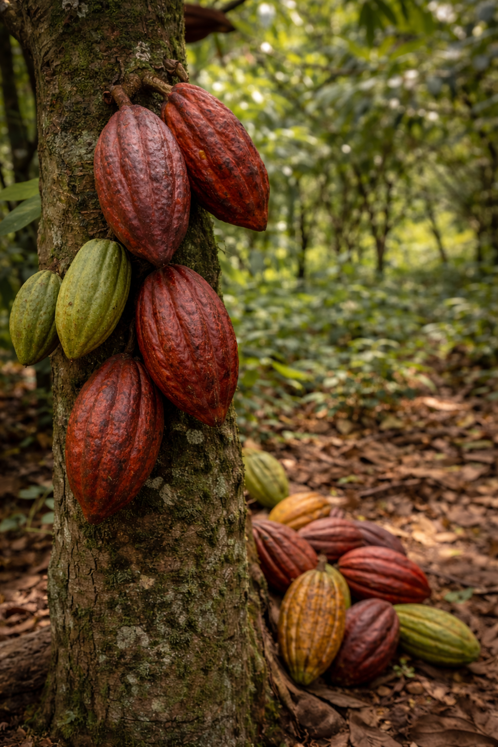 Cocoa fruits on a tree in a forest setting