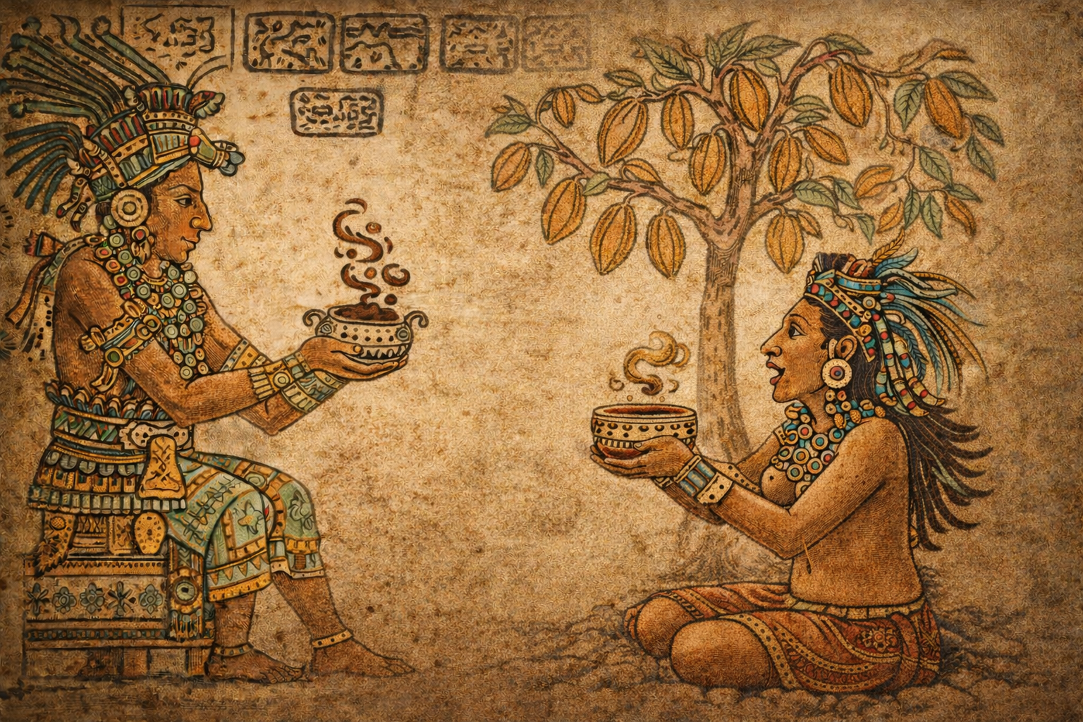 Two figures in traditional attire holding bowls, with a cacao tree in the background on a textured brown background.