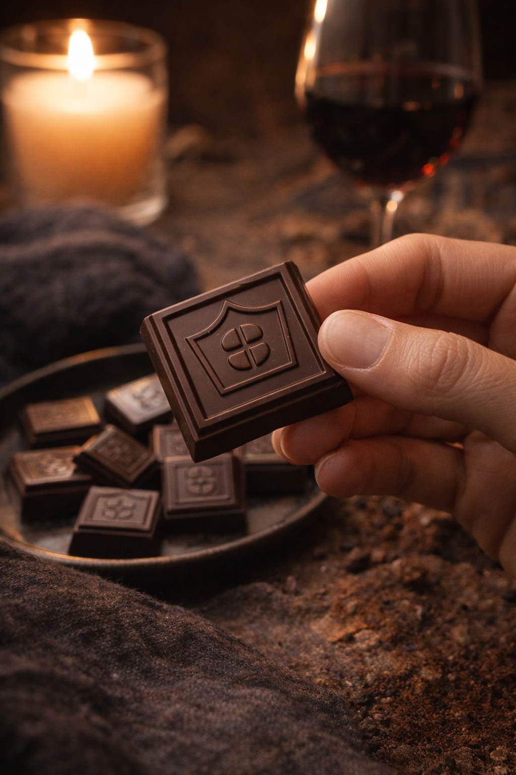 Hand holding a chocolate bar with a castle design over a plate of chocolates and a glass of red wine, with a candle in the background.