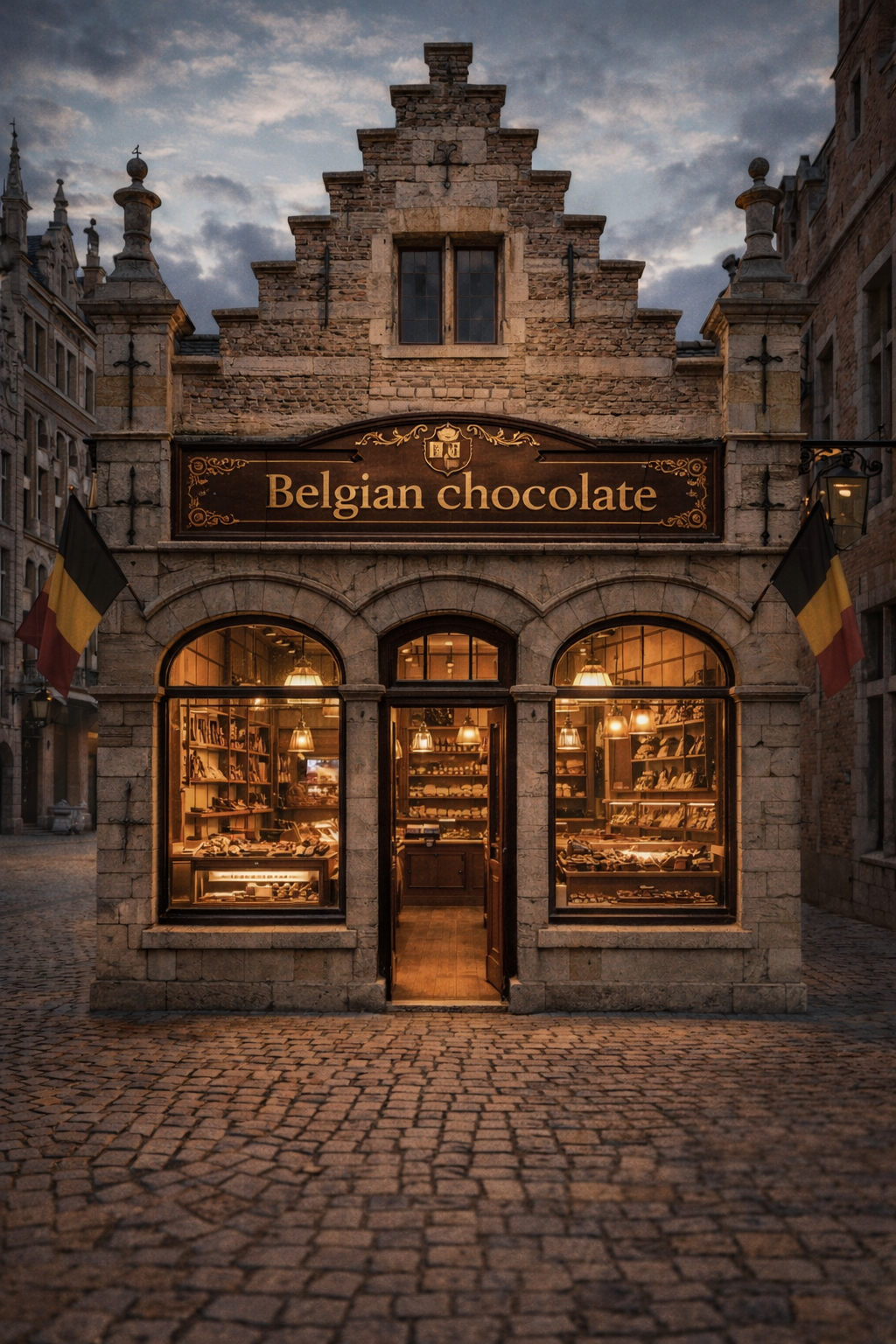 Belgian chocolate shop with a sign above the entrance on a cobblestone street.