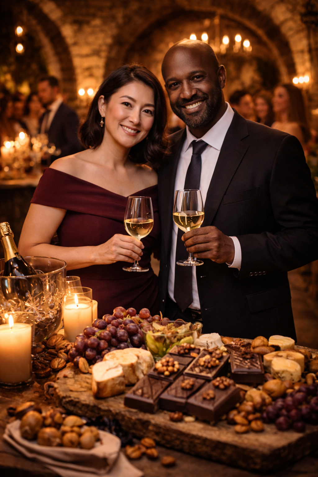 Man and woman in formal attire holding wine glasses in a celebratory setting with food and drinks.