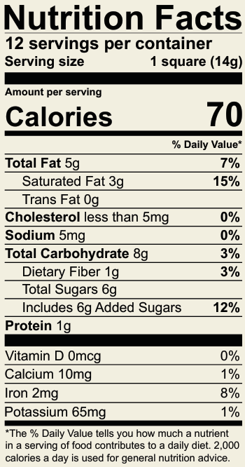Nutrition facts label for a food product with serving size, calories, and nutritional content details.