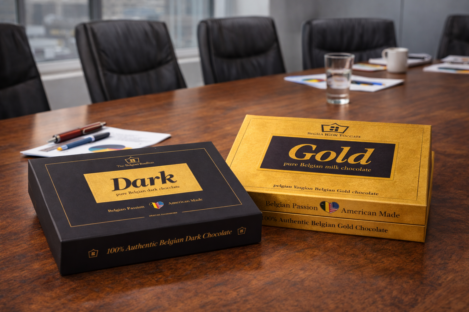 Two chocolate boxes labeled 'Dark' and 'Gold' on a conference table with chairs and documents in the background.