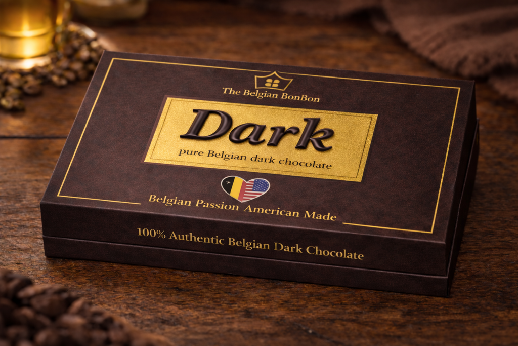 Box of Belgian Bonbon Dark chocolate on a wooden surface