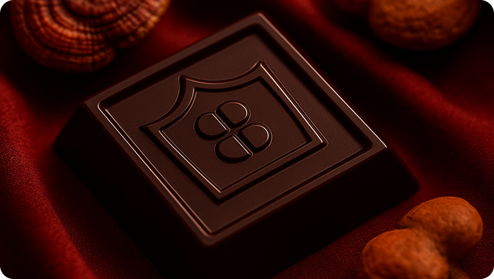 Dark chocolate bar with a brand logo on a red fabric background