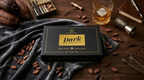 Box of 'Dark' chocolate with cacao beans and a glass of whiskey on a wooden table.