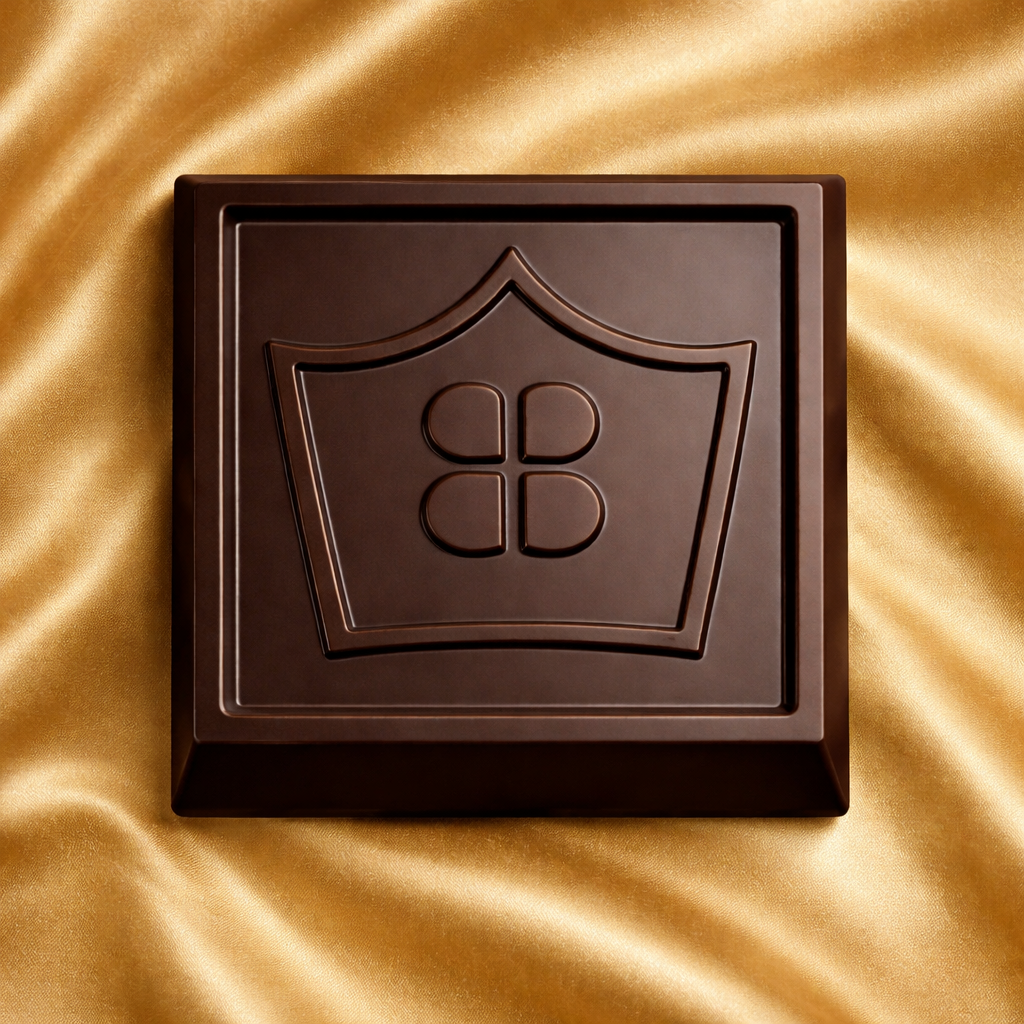 Dark chocolate bar with a brand logo on a gold fabric background