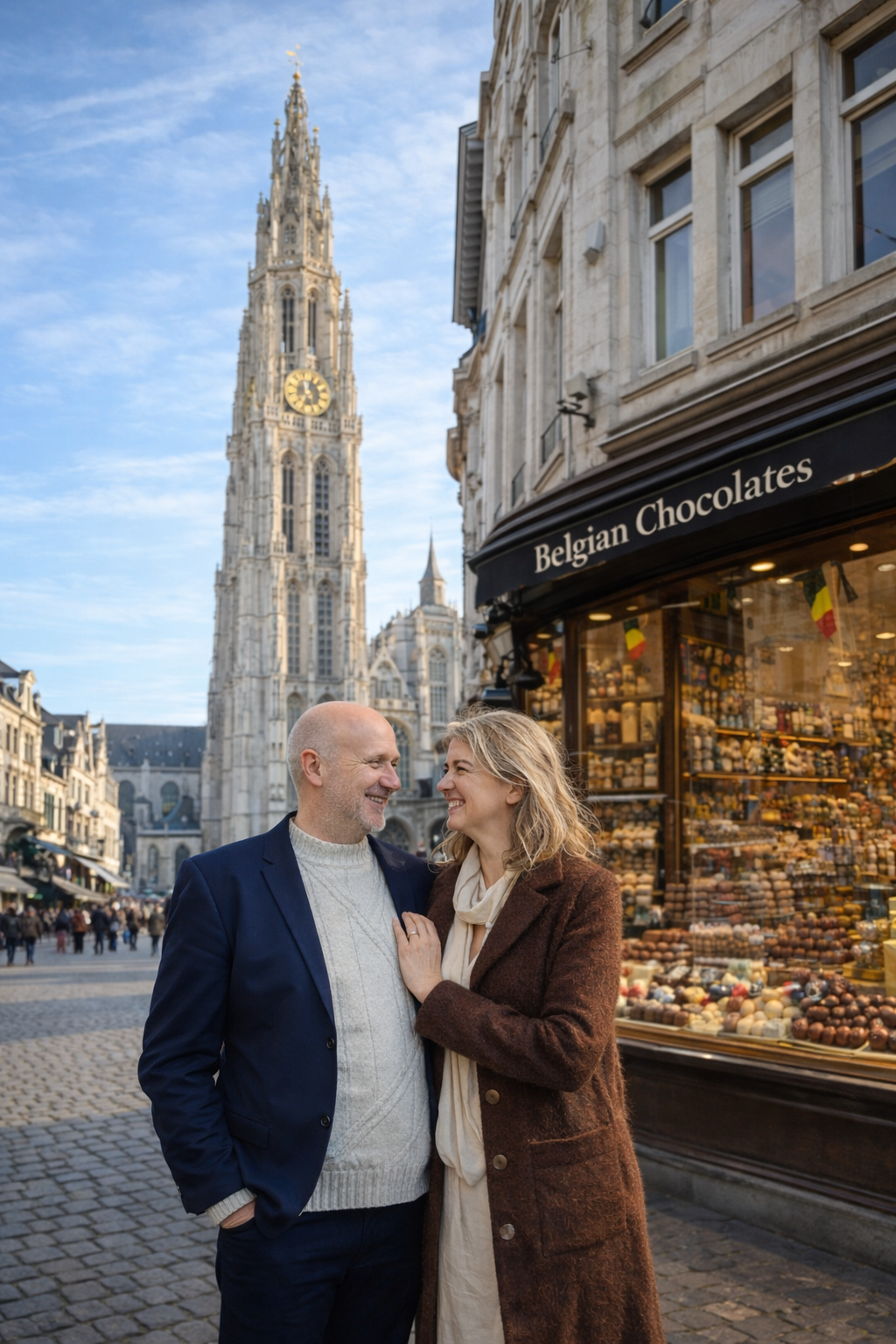 Two people standing in front of a chocolate shop with a clock tower of the Antwerp Cathedral in the background