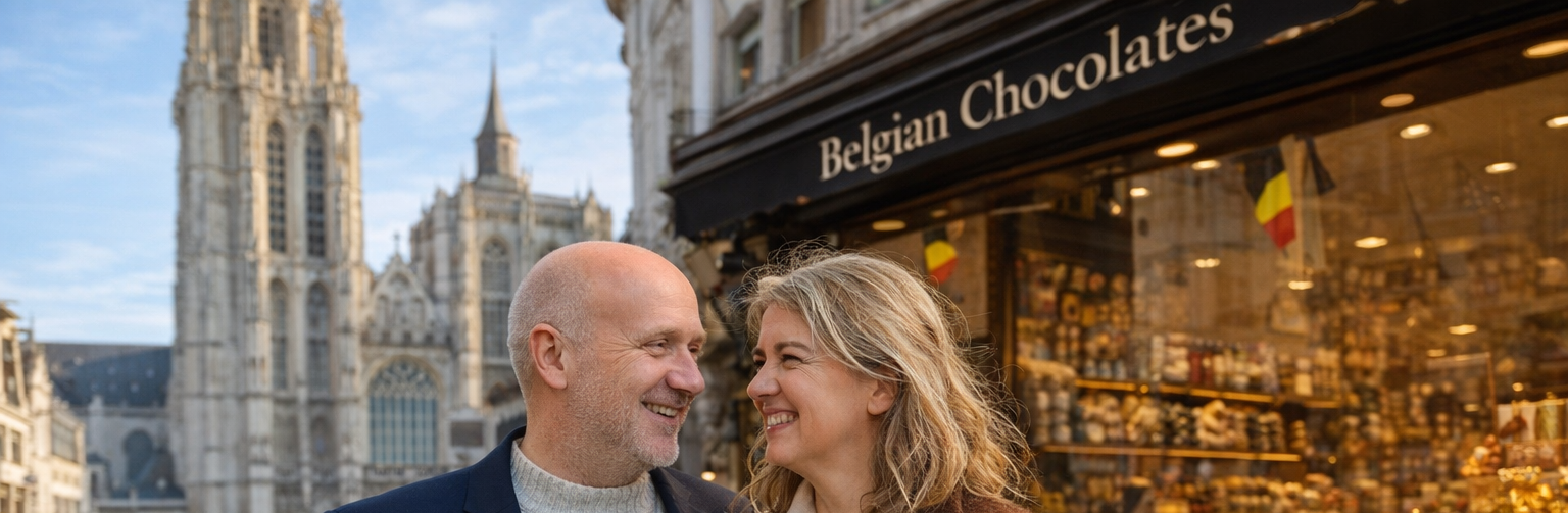 Couple standing in front of a Belgian chocolate shop with a cathedral in the background