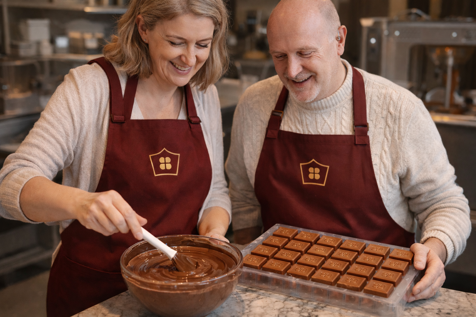 Els and Serge making test chocolate for tasting