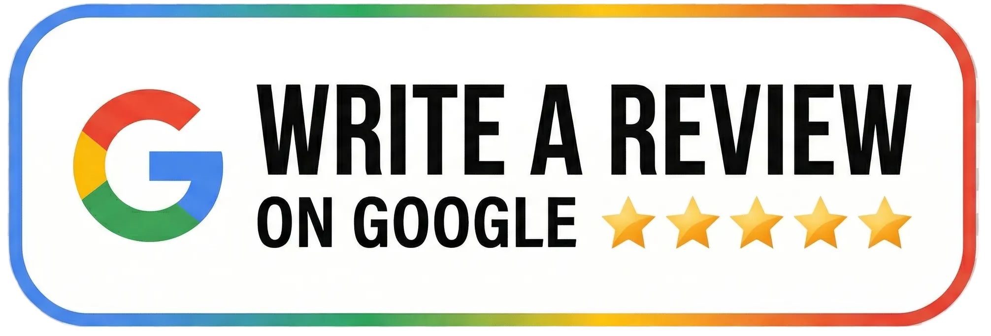 Button with 'Write a Review on Google' text and five-star rating icon on a transparent background
