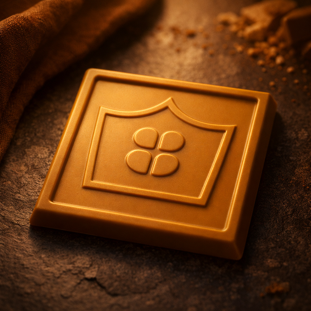 Gold-colored square chocolate with a central emblem on a textured brown surface