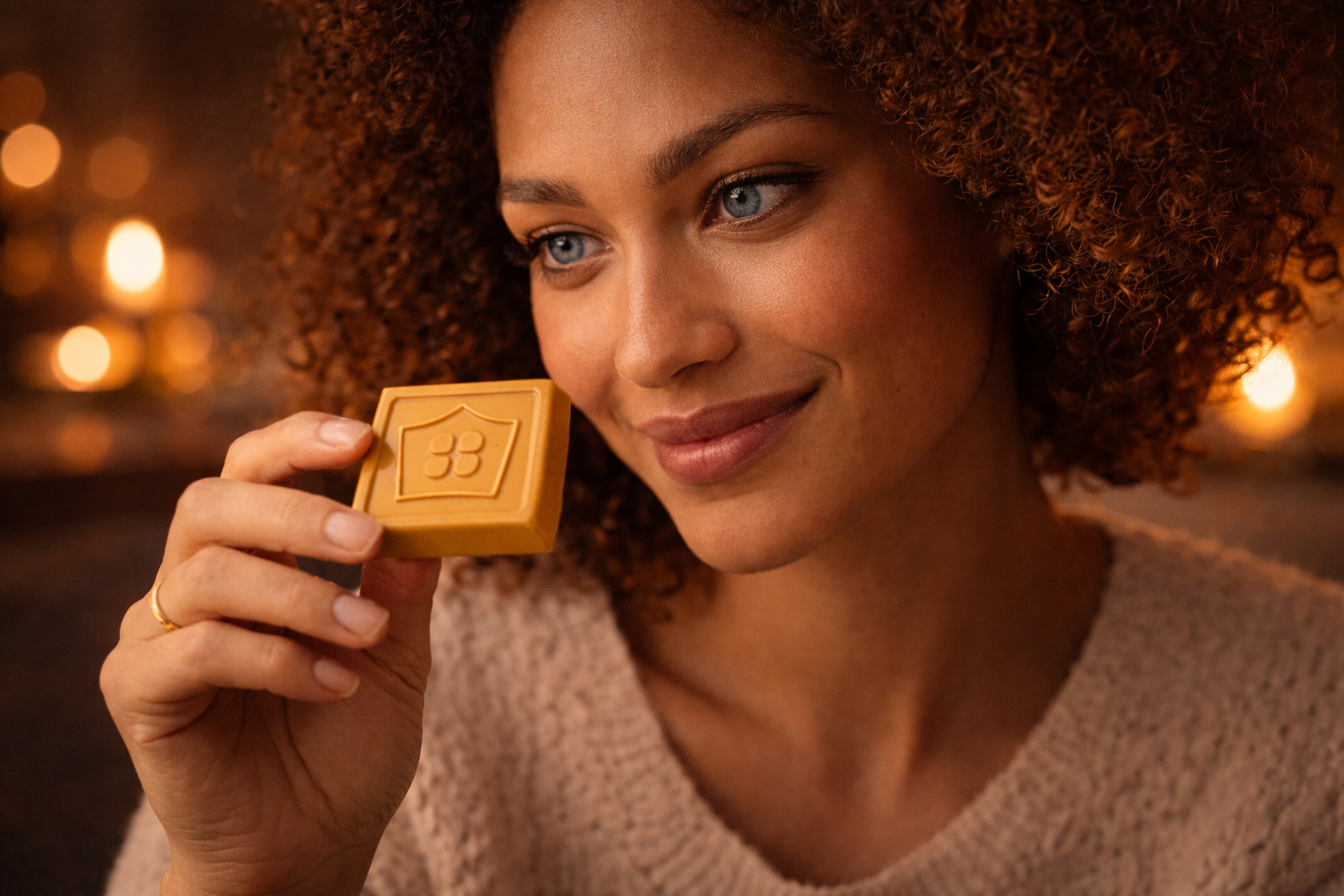 Woman holding a gold bar of chocolate with warm lighting