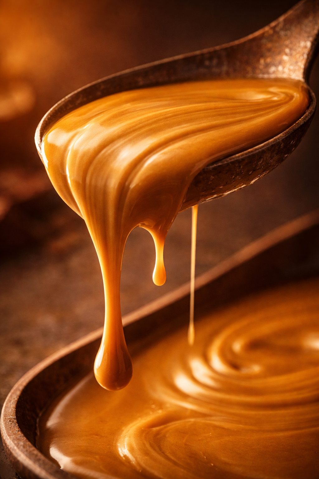 Caramel and warm gold chocolate sauce being poured from a wooden spoon onto a wooden surface.