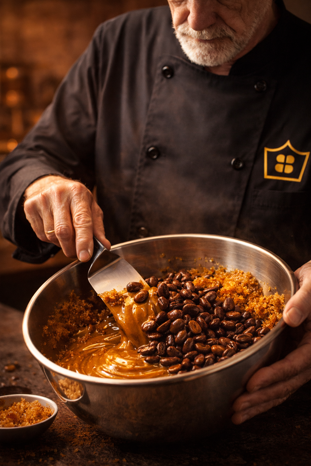 Person in a chef's coat mixing chocolate ingredients in a large bowl with a spatula.
