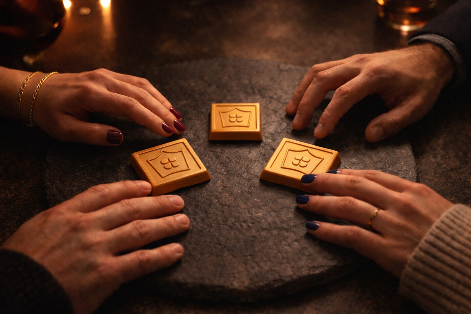 Four hands arranging gold chocolate square tiles on a dark surface with a warm glow.