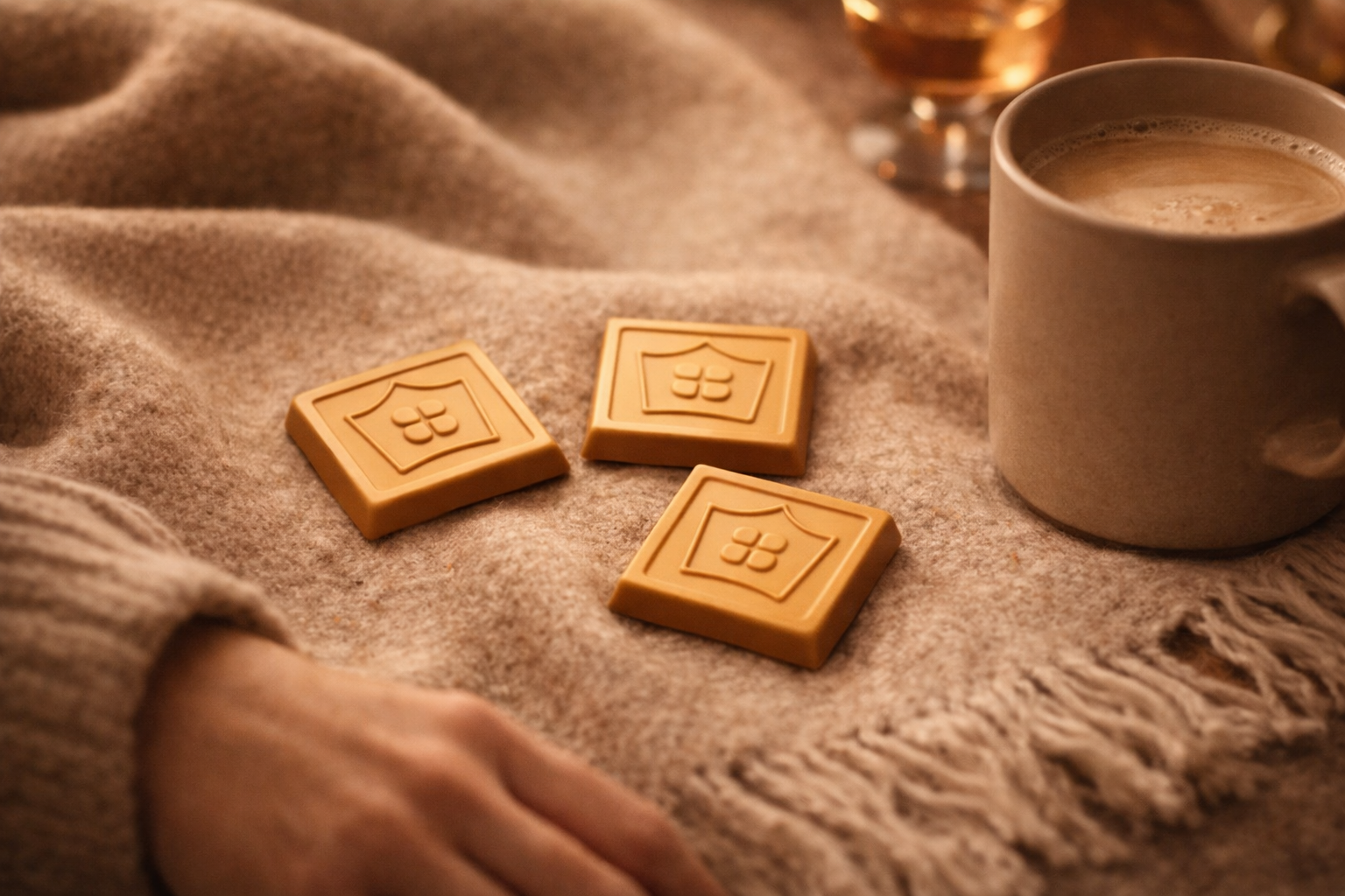 Three square chocolates with a design on a textured surface next to a mug of coffee.