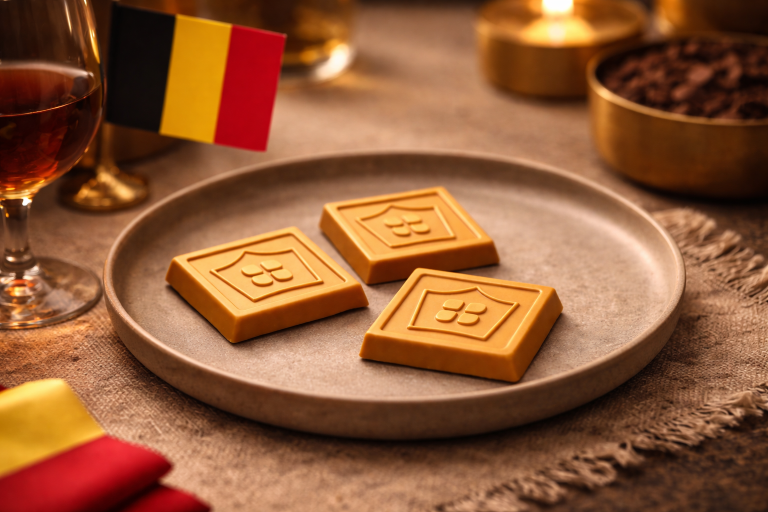 Three square gold chocolate on a plate with a glass of wine and a Belgian flag in the background.