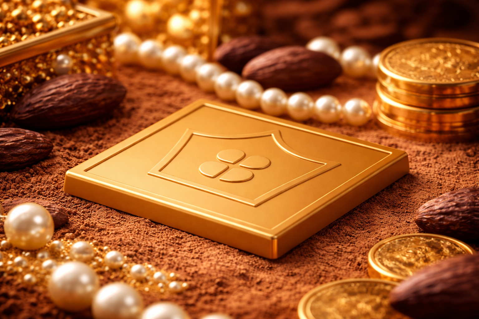 Gold chocolate bar with a decorative emblem on a surface with gold coins, pearls, and nuts.