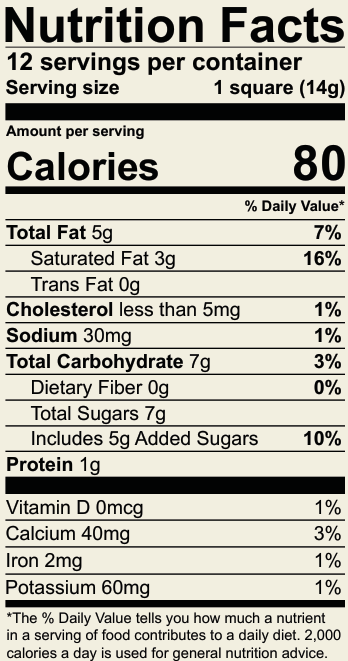Nutrition facts label for a food product with serving size, calories, and nutritional content details.