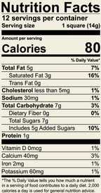 Nutrition facts label for a food product with serving size, calories, and nutritional content details.