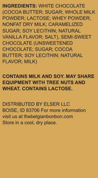 List of Gold chocolate ingredients and food allergen information on a yellow background