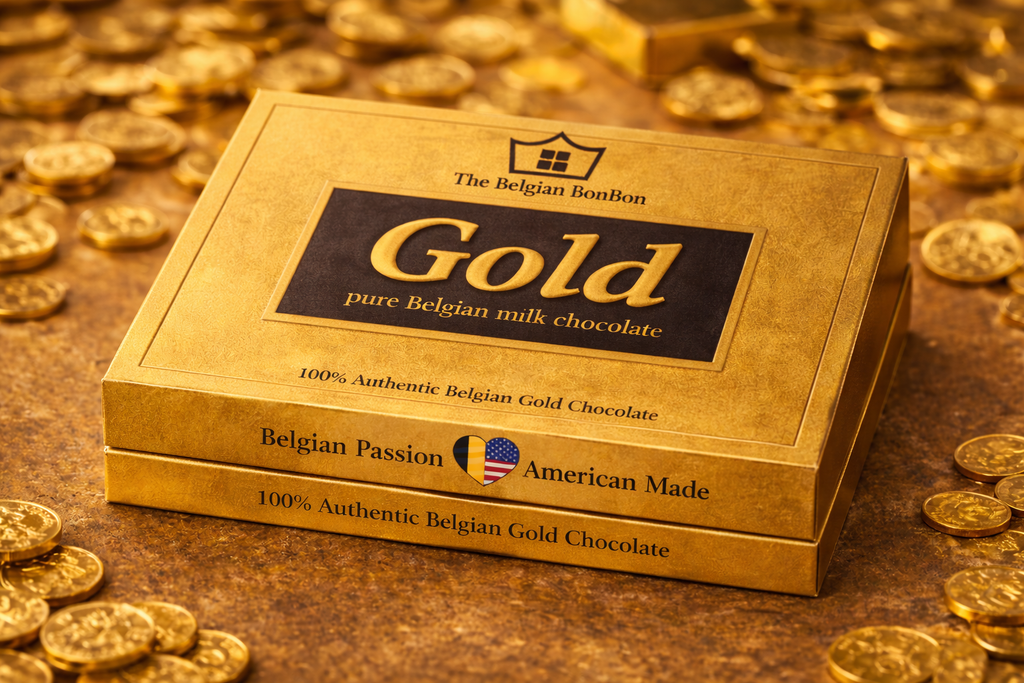 Gold chocolate box with 'The Belgian Bonbon' branding on a background of gold coins.