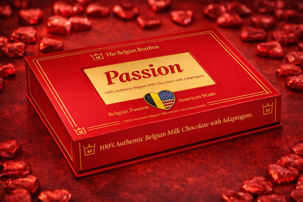 Box of 'Passion' Belgian chocolate surrounded by red chocolate pieces on a red background