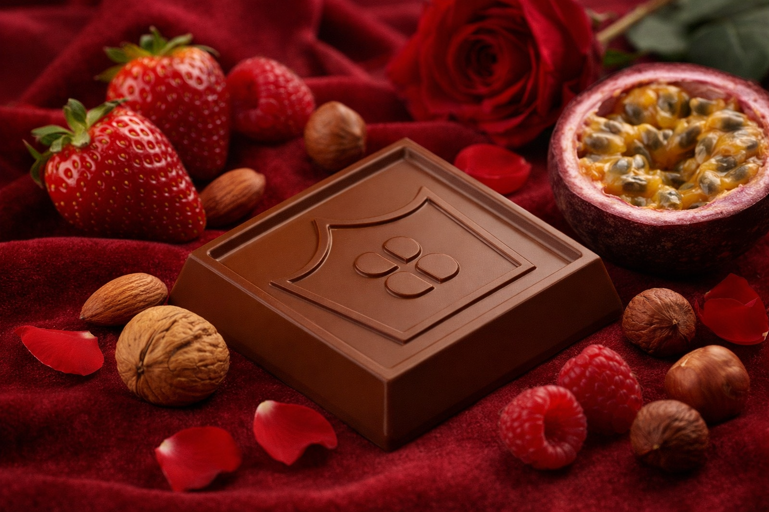 Chocolate bar with a decorative emblem surrounded by strawberries, nuts, and a passion fruit on a red fabric background.