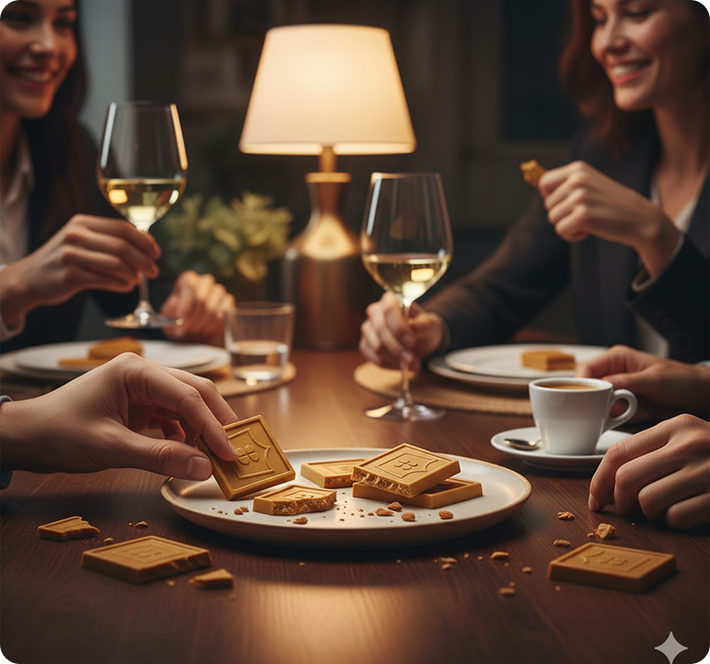 People enjoying Gold Chcolate and drinks at a table in a cozy setting