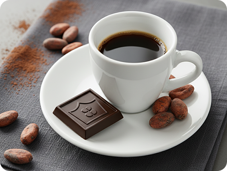 White cup of coffee with a chocolate bar and cocoa beans on a white plate.