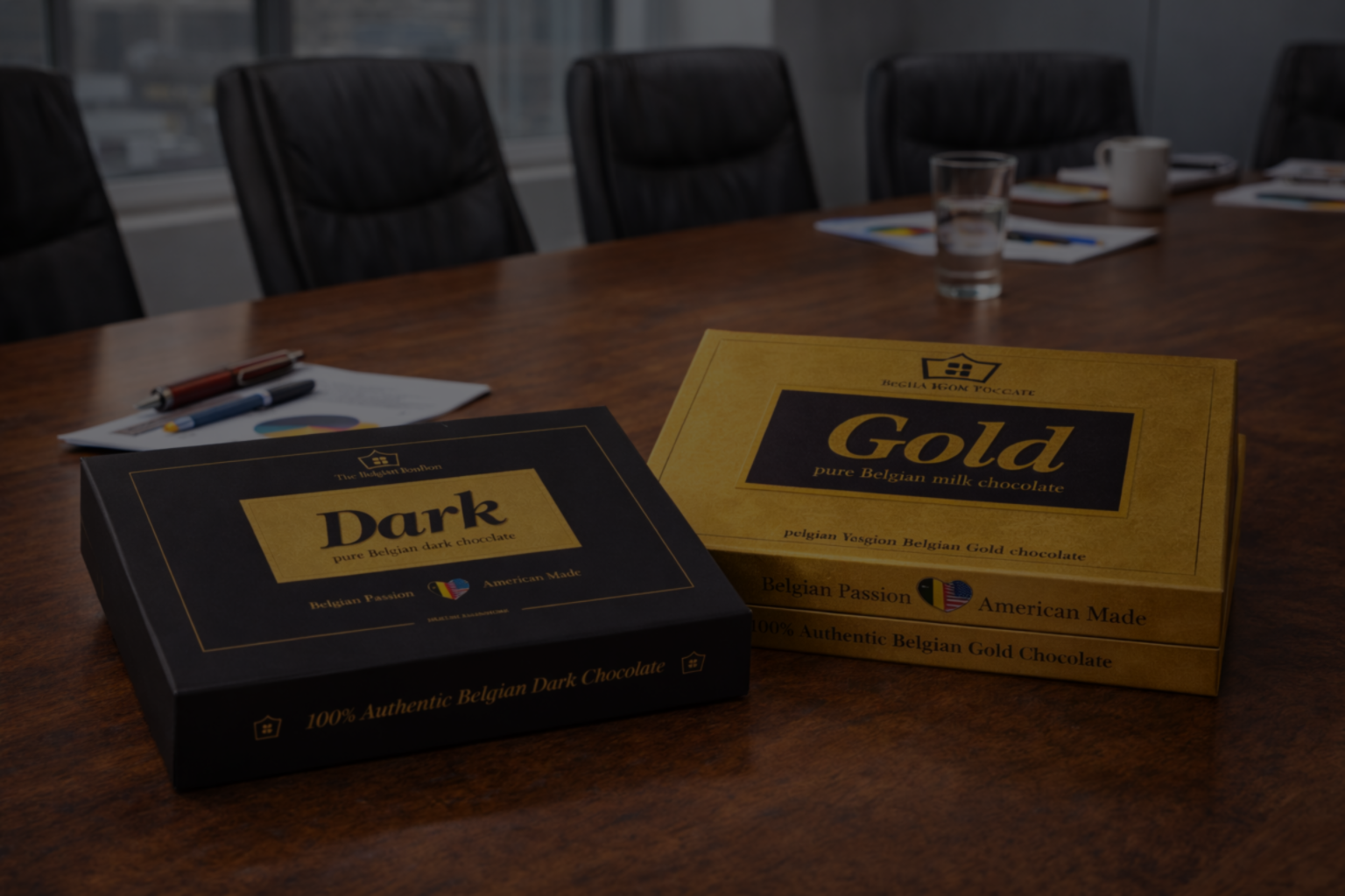 Two chocolate boxes labeled 'Dark' and 'Gold' on a conference table.