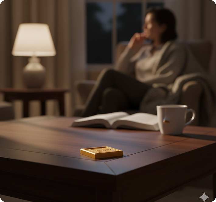 Woman sitting in a cozy living room with a book, a Gold Chocolate and coffee cup on a table.