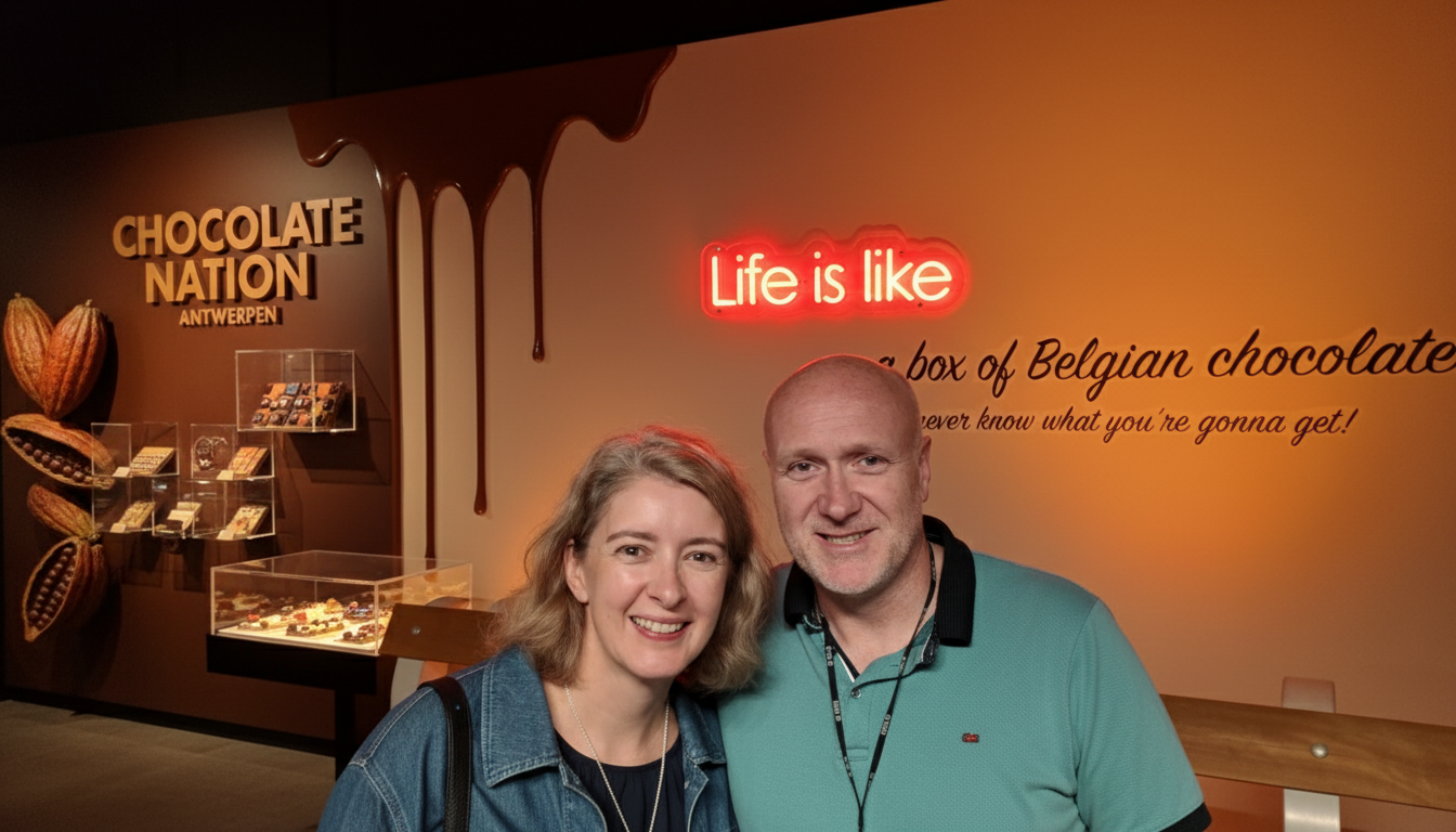 Two people posing in front of a chocolate-themed display with 'Chocolate Nation' branding.