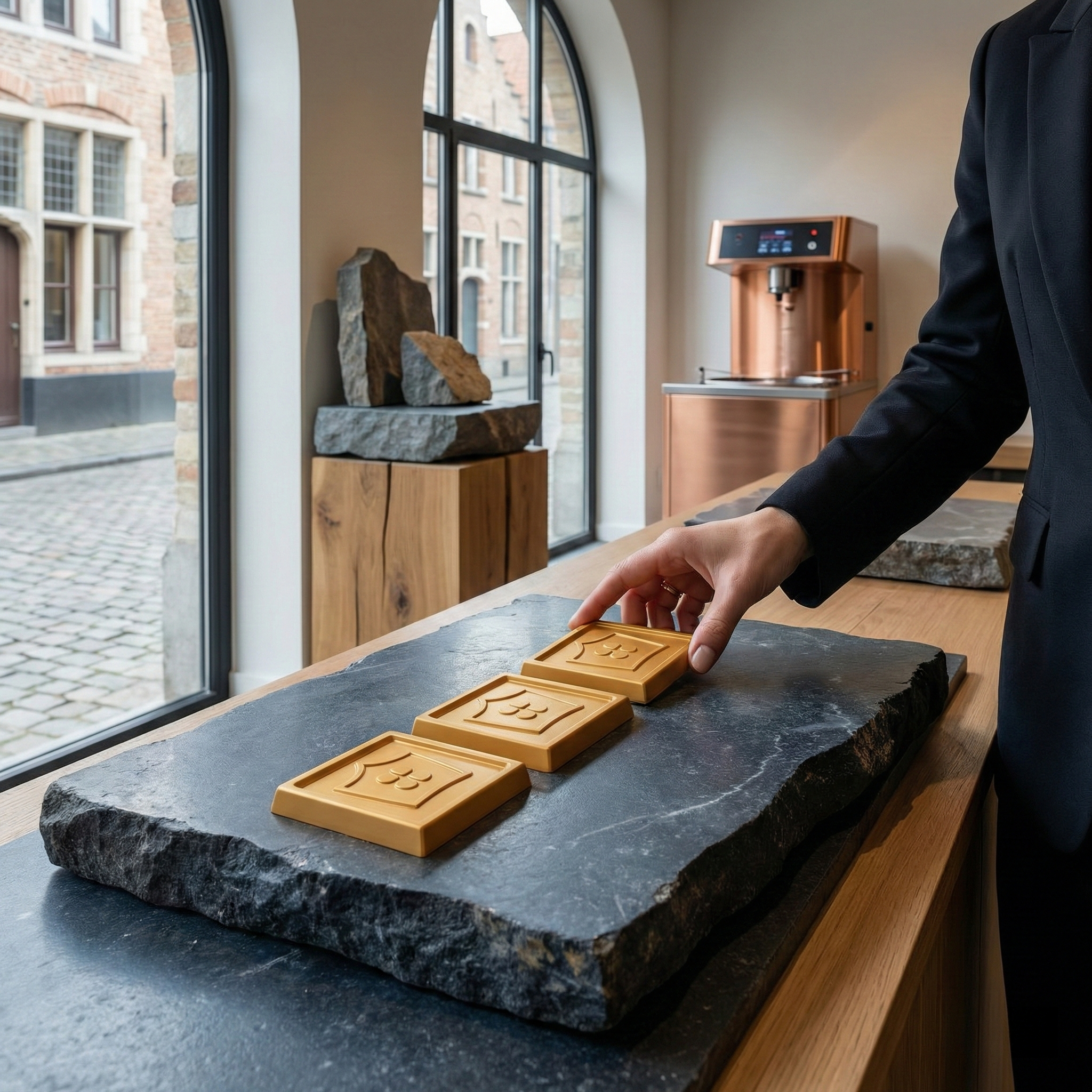 Person arranging chocolate bars on a stone surface in a modern shop.